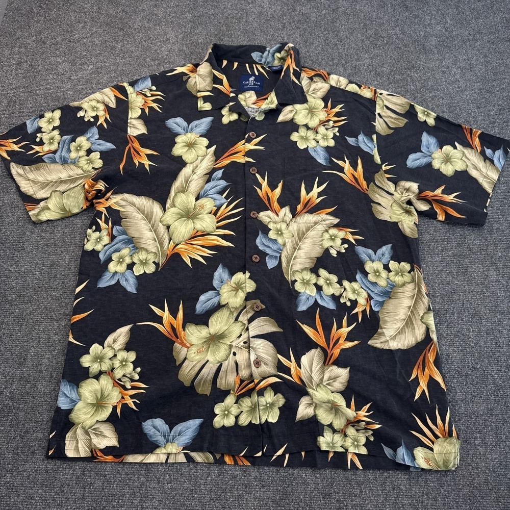 Caribbean Joe 100% Silk Hawaiian Shirt Mens Size XL Floral AOP Relaxed Beach